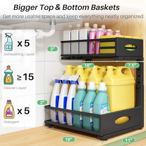 Under Sink Organizer, 2-Pack Pull Out Cabinet Organizer 2 Tier Metal Slide Out Storage Shelf Rack, L-Shaped Adjustable Height,Mesh Sliding Drawer for Kitchen, Bathroom, Laundry, Pantry, Black, XL - Image 3