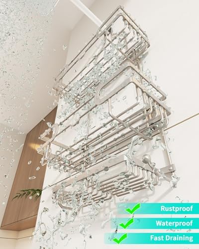 HapiRm Bathroom Hanging Shower Caddy - Rustproof Shower Shelf with 12 Hooks and 2 Soap Holders, No Drilling Bathroom Organizers and Storage - Brushed Nickel - Image 6