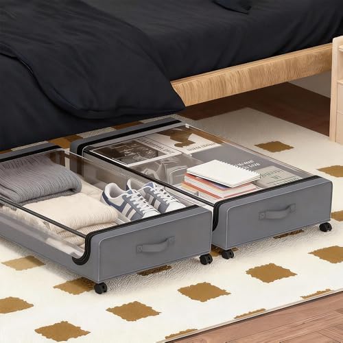 Under Bed Storage with Wheels, 6.7'' Tall Underbed Storage Containers with Lids - Rolling Bins for Shoes Clothes Blankets (Grey, 2-Pack XXL) - Image 5