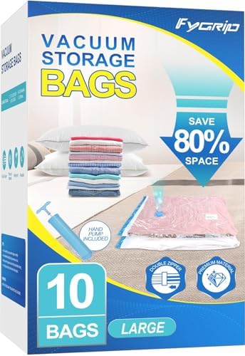 Fygrip 80% Space Saver Vacuum Storage Bags with Hand Pump, 10 Large | Plastic Packaging Bags, Vacuum Seal Bags for Clothing, Travel Lugggage, Blankets, Comforters by Fygrip