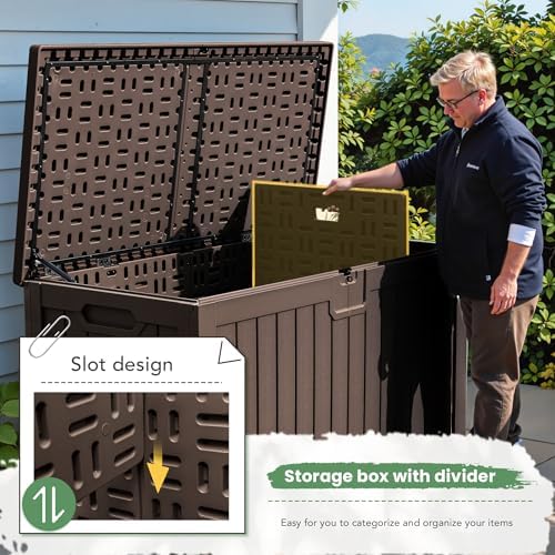 Greesum 230 Gallon HDPE Outdoor Storage Box with Removable Dividers, Weatherproof Oversized Deck Box for Patio, Garage, Garden, Brown - Image 4