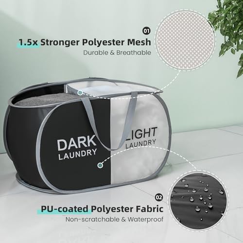 Collapsible Laundry Baskets with 2 Compartments, Black + Begie - Image 4