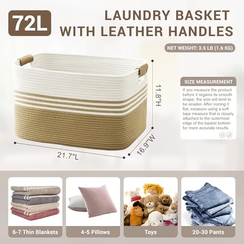 72L Large Woven Laundry Basket Hamper with Leather Handles,Khaki - Image 2