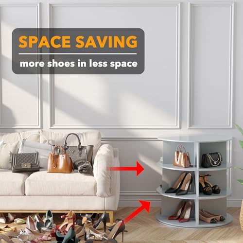 SpaceAid 3 Tier Rotating Shoe Rack Tower, Spinning Shoe Display Lazy Susan, Revolving 360 Shoe Rack Storage Round Carousel, Vertical Handbag Rotate Shoes Closet Organization (3-Tier Gray) - Image 3