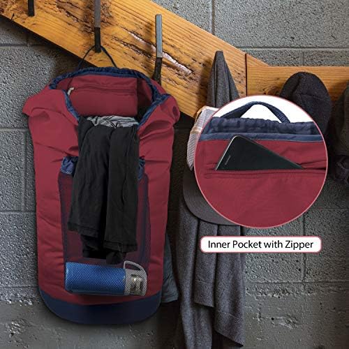 Dalykate Backpack Laundry Bag, Laundry Backpack with Shoulder Straps and Mesh Pocket Durable Nylon Clothes Hamper Bag with Drawstring Closure Red - Image 4