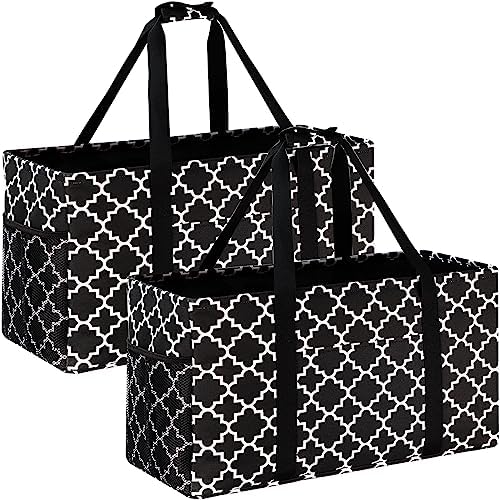 GhvyenntteS Extra Large Utility Tote Bag 2 Pack - Stand Up Utility Tote with Metal Wire Frame & Hard Bottom Board, Reusable Grocery Bags With Handles for Storage, Picnics, Beach, Laundry, Car, Camping by GhvyenntteS