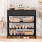 usikey Shoe Rack, 4 Tier Shoe Storage Organizer with 2 Drawers, Metal Shoe Shelf for 9-12 Pairs of Shoes, with 3 Oxford Fabric Shelves and Wooden Top, Shoe Stand for Closet Entryway, Black - Image 2