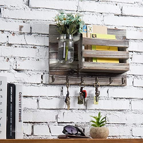 MyGift 6 Hook Wall Mounted Entryway Key Hanger and Mail Holder Basket, Rustic Torched Wood Hanging Home Organizer Rack with Decorative Mason Jar Flower Vase - Image 2