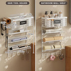 Magheo Hair Dryer Holder Wall Mounted, Adheisve Hair Styling Tool Organizer for hair Brush/Appliance Wall Mount with 5 Tier Shelf Basket Hooks Blow Dryer and Straightener Holder for Bathroom(White) - Image 6
