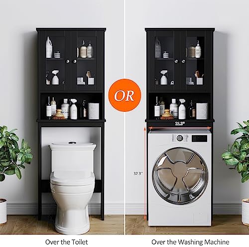 Over The Toilet Storage Cabinet for Bathroom, Black Storage Organizer Over Toilet, Space Saver with 2 Tempered Glass Doors, Black - Image 4