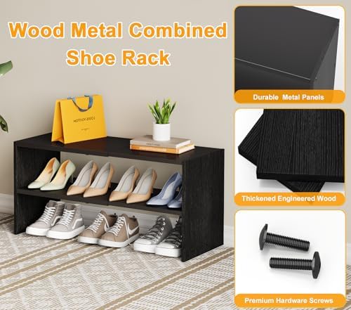 Black Shoe Rack Organizer for Closet, 2-Tier Expandable Shoe Shelf, Stackable Iron Wood Combination Small Shoe Racks Shelves for Closets, Entryway,Small Space,Hallway,Garage,6-12 Pairs - Image 5