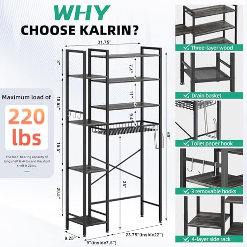 Kalrin 8-Tier Over The Toilet Storage with Side Rack, Over Toilet Storage Rack with Adjustable Shelf & Drain Basket, Freestanding Bathroom Organizer for Balcony, Laundry (Modern Grey) - Image 2