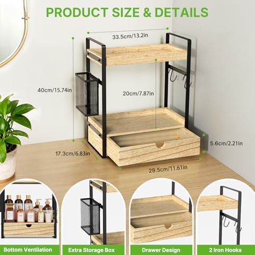 2-Tier Bathroom Counter Organizer with Drawer Basket and Hooks, Wood Bathroom Organizers and Storage for countertop, Farmhouse Brown Countertop Organizer, Counter Shelf for Vanity, Kitchen, Office - Image 3