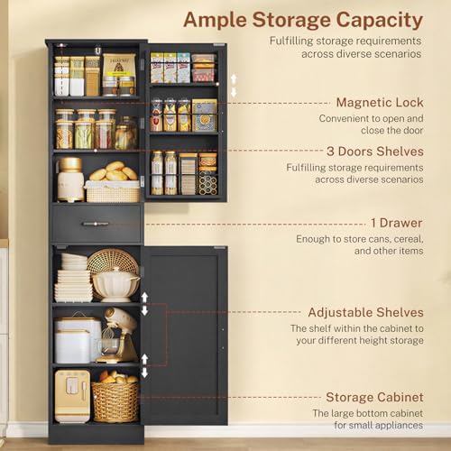 TEENFON Tall Storage Cabinet with 3 Door Shelves & 1 Drawer, Narrow Kitchen Pantry Cabinet for Living Room, Bathroom, Entryway, Black - Image 5