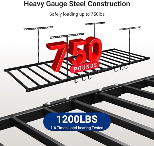 FLEXIMOUNTS 4x8 Overhead Garage Ceiling Storage Rack with 6 Hooks, Black - Image 2