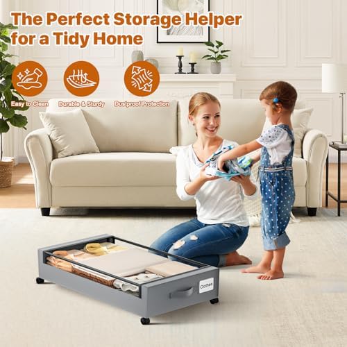 Under Bed Storage with Wheels,XXL 60L Under Bed Storage Containers with Clear Lids, Rolling Under Bed Metal Drawer for Clothes, Shoes,Toys(Gray, 2 Pack) - Image 3