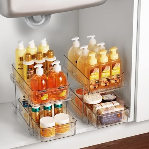 Masirs 2-Tier Clear Pull-Out Drawer Organizer - Sleek, Compact & Sturdy Makeup and Closet Organizer - Easy Assembly Kitchen Storage Solution, Ideal for Makeup, Tools, Medicines & Snacks - Pack of 2 by Masirs