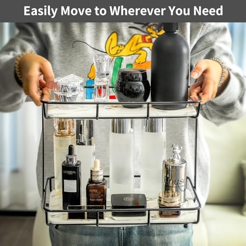 Bathroom Organizer Countertop Perfume Organizer Makeup Organizer Cosmetics Storage Display Rack Vanity Tray Dresser Stainless Steel Gold Shelf White Marble Ceramic Tray (2 Tier L-Black) - Image 3