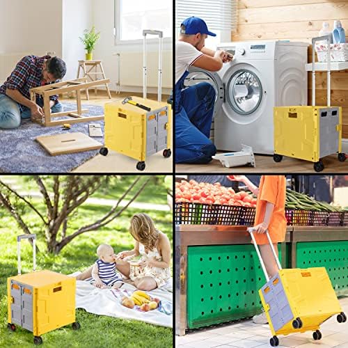 Foldable Shopping Utility Cart Portable Rolling Crate Handcart with 360°Rotate Wheel,Hidden Lid,Telescoping Handle Collapsible for Travel Shopping Moving Storage Office Use(Yellow/Gray) - Image 3