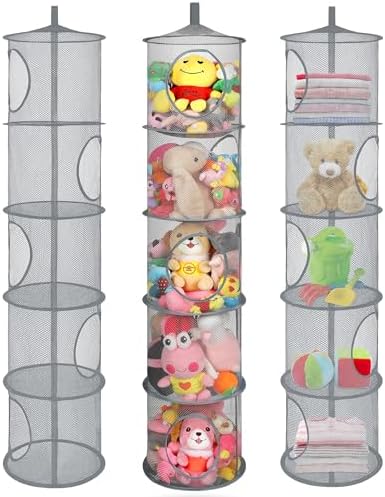 3Pcs Hanging Stuffed Animal Storage Hammock Net 5 Tiers, Grey by coastalrose