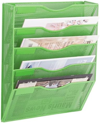 EASEPRES 5 Pocket Mesh Hanging Wall File Organizer, Wall Mounted Mail Paper Document Folder Holder, Clipboard Storage Organization Magazine Rack with Nametag Label for Office Home School, Green by EASEPRES