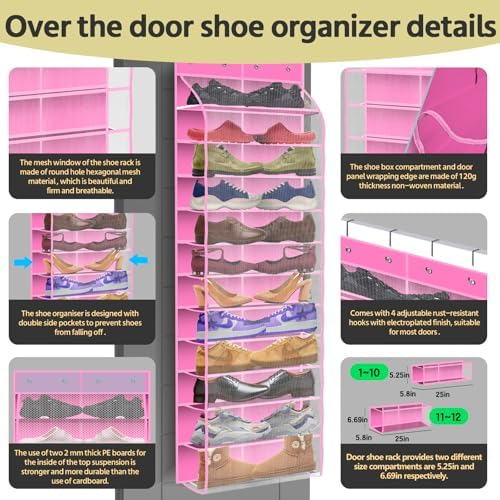 PAULONE 12 Pocket Over the Door Shoe Organizer,Reusable Breathable Large Mesh Bag Men's & Women's Sneaker Organizer,Shoe Organizer for Kids,Hanging Shoe Storage Hanging Bag (Pink) - Image 2