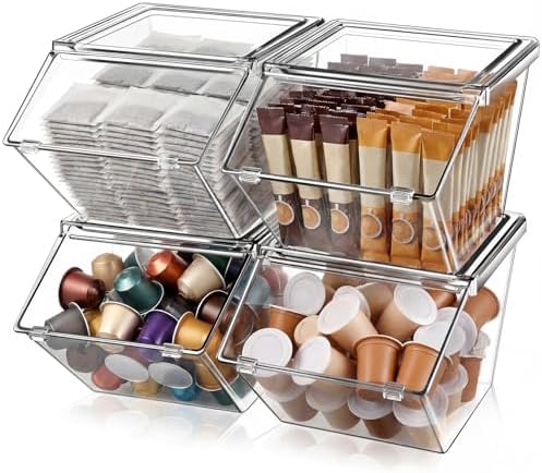 Yerliker 4 Pcs Clear Plastic Storage Bins with Lids Stackable Pantry Storage Organizer Kitchen Cabinet Organizers Ideal Containers for Coffee Pod Tea Sugar Bag Cabinet Home (Extra Large) by Yerliker