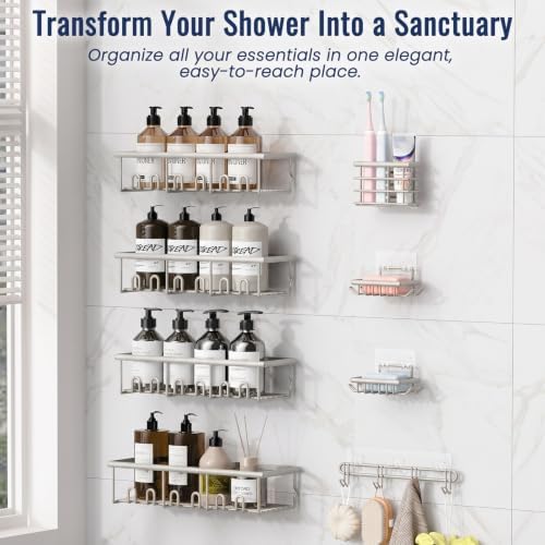 8 Pack Adhesive Rustproof Shower Caddy with Soap Dishes, Toothbrush Holder & Hooks, Large Capacity No-Drilling Shower Shelves Rack for Bathroom Organizers and Storage Accessories, Light Gray - Image 3