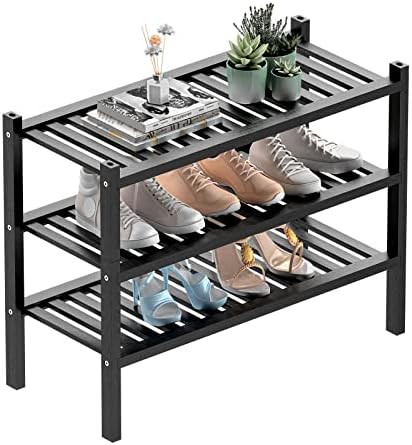 ROMGUAR CRAFT 3 Tier (Thick) Bamboo Shoe Rack for Entryway, Small Wood Shoe Shelf Storage Organizer for Closet, Shoe Stand for Hallway, Stackable and Sturdy 27"x12"x21" Black by ROMGUAR+CRAFT