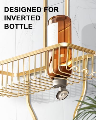 Shower Caddy Hanging - Never Rust Shower Hanging Organizer - Aluminum Over the ShowerHead Caddy with Soap Basket and 6 Razor/Sponge Hooks (Gold) - Image 5