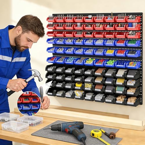 90Pcs Plastic Wall Mounted Storage Bins Parts Rack Nuts And Bolt Bins Organizer For Shop Garage for Screws, Nuts, Bolts, Nails, Beads, and Small Hardware Parts,Red,Blue,Black - Image 3