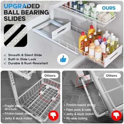 Under Sink Organizer Upgrade To Professional Rails,2-Tier Dual Pull Out Cabinet Storage,Height Adjustable Slide Out Drawers For Bathroom Kitchen,2 Pack-21"Dx12.8"-16.9"H,White - Image 3