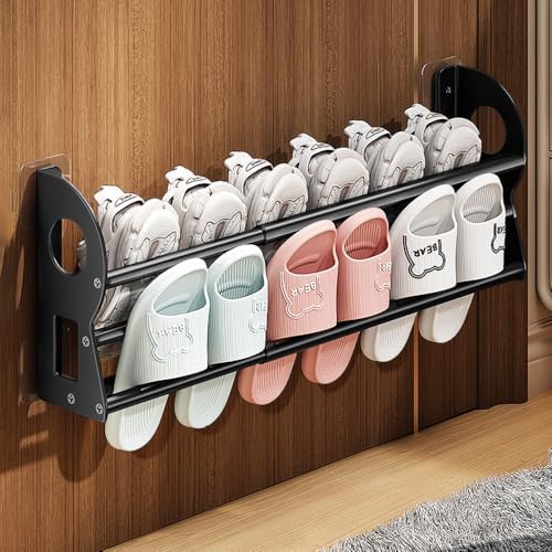 Expandable Wall Mounted Shoe Rack, Hanging Shoe Organizer Shelf With Sticky Mounts, Metal Shoe Storage Organizer Holder Shelf for RV, Mudroom, Entryway (Black) - Image 6