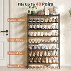8 Tier Shoe Rack Organizer for 32-40 Pairs, Tall Metal Shoe Storage Shelf with Wood Top, Adjustable Boot Space, Narrow Design for Entryway Closet, Black - Image 4