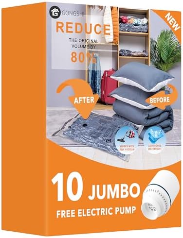 GONGSHI Vacuum Storage Bags with Electric Pump, 10-Pack, Jumbo | Bulky Bedding, Comforters, Blankets and Winter Clothing; Ideal for Closet Organization, Moving and Long-Term Home Storage by GONGSHI