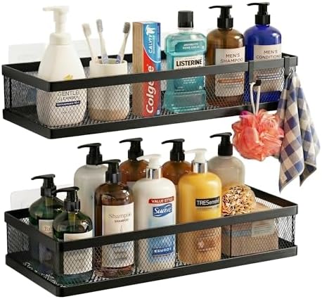 PUSDON Mesh Shower Caddy Wall Mount, Heavy Duty Adhesive Bathroom Shelf Organizer, Rustproof Floating Spice Rack for Kitchen Pantry, Holds 50 LBS, Multi-Purpose Storage Black-2 Packs (Netting) by PUSDON