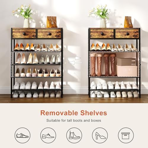 5 Tier Shoe Rack with 2 Drawers, Rustic Brown - Image 6