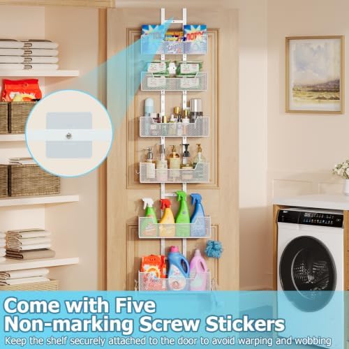 Hongtamoya Over The Door Organizer, Metal Hanging Door Organizer with 6 Adjustable Baskets and 5 Hooks, Behind The Door Storage for Closet Cabinet Kitchen Bathroom Bedroom Pantry Door Organizer, White - Image 6