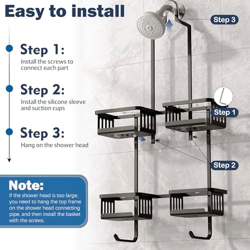 Aluminum Shower Caddy Hanging for Handheld Showerheads, Never Rust Shower Organizer with Hooks Holder Toothbrush Holder，Over Showerhead Caddy for Bathroom, Black - Image 5