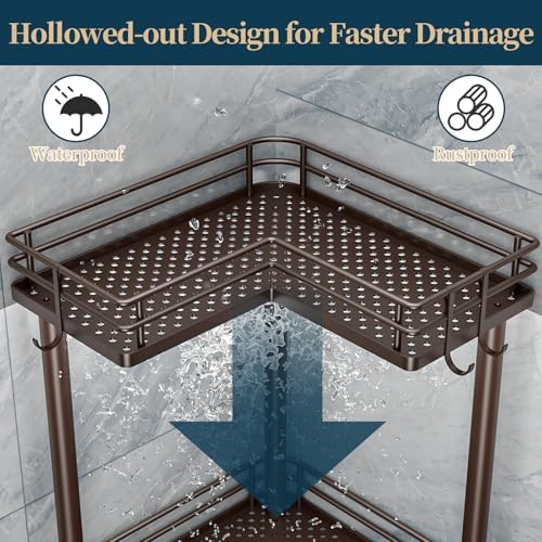 Consumest Corner Shower Caddy Standing - 4-Tier Stainless Steel Shower Organizer with Soap Holder and 4 Hooks, Large Capacity Corner Shelf Stand for Bathroom, Rest Room, Bronze - Image 4