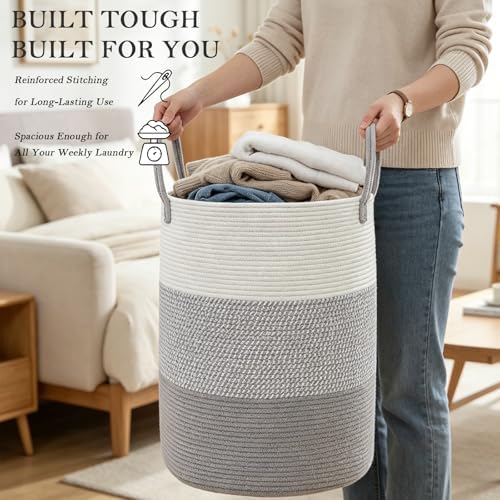 55L Woven Laundry Basket, Large Clothes Hamper with Handles- Grey - Image 5