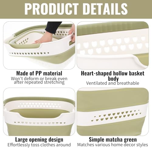 2 Pcs Collapsible Laundry Baskets for Clothes, 43L Plastic Laundry Hamper for Dorm Bedroom, Space Saving Pop-Up Laundry Hamper Container, Durable Foldable Laundry Basket with Handles (Matcha-Green) - Image 3