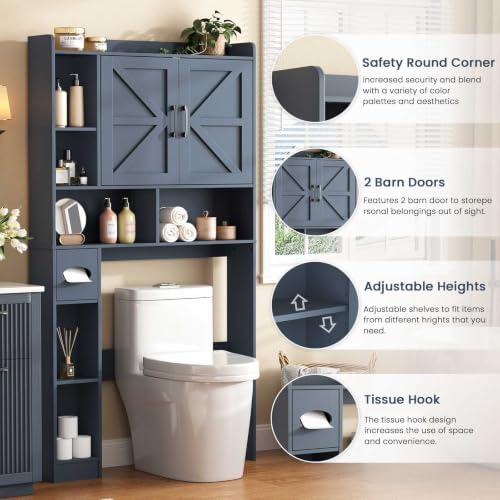 Vabches Over The Toilet Storage Cabinet with 2 Barn Doors, Blue - Image 3