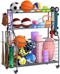 WUC Sports Equipment Garage Organizer - Garage Ball Storage Rack with Basket, Hooks and Rolling Cart for Sports Gear and Toy Storage, Grey by Unknown