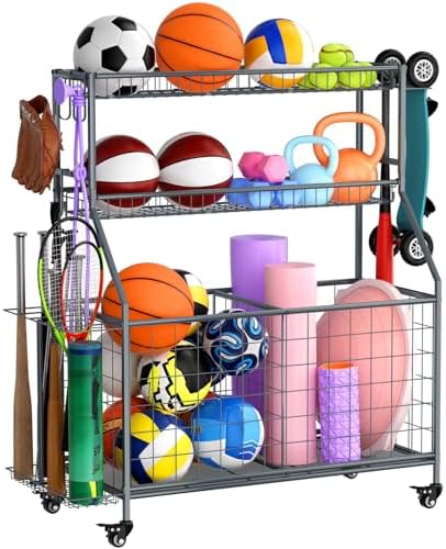 WUC Sports Equipment Garage Organizer - Garage Ball Storage Rack with Basket, Hooks and Rolling Cart for Sports Gear and Toy Storage, Grey by Unknown