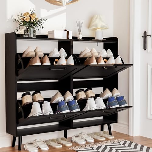 Shoe Storage Cabinet with 4 Flip Drawers, Freestanding Shoe Organizer with Adjustable Shelf & Anti-Tipping Device, Hidden Shoe Rack for Entryway, Hallway, Foyer, Lounge（Black） by TEROL