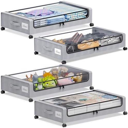 YAASHEEN Under Bed Storage with Wheels, 4-Pack Under the Bed Storage Containers with Clear Lids & Label, Underbed Storage Bins, XXL 60L Rolling Metal Drawer for Clothes, Shoes, Toys, Books - Gray by YAASHEEN
