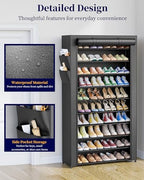 Kitsure 10-Tier Shoe Rack with Cover, Tall Shoe Shelf, 33" Wide, Black | Large Capacity Shoe Storage with Side Pocket, Shoe Organizer for Closet, Entryway, Bedroom, Zapateras Organizer - Image 6