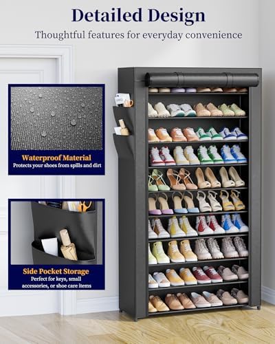 Kitsure 10-Tier Shoe Rack with Cover, Tall Shoe Shelf, 33" Wide, Black | Large Capacity Shoe Storage with Side Pocket, Shoe Organizer for Closet, Entryway, Bedroom, Zapateras Organizer - Image 6