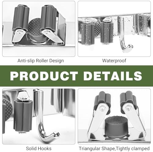 UNIFUN Broom Holder Wall Mount, 5 Racks 4 Hooks, Stainless Steel Organizer - Image 6